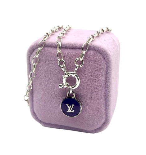 Repurposed Silver & Purple Louis Vuitton Charm Sailor Clasp Necklace