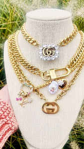 Repurposed Louis Vuitton Logo Charm & Heart Shaped Carabiner Charm Necklace