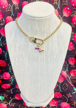 Load image into Gallery viewer, Repurposed Louis Vuitton Puffy V Logo Charm &amp; Heart Shaped Cerises KeyClap Necklace