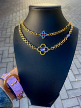 Load image into Gallery viewer, *Very Rare* Large Repurposed Louis Vuitton Purple &amp; Lime Green Swarovski Crystal Flower Charm Necklace