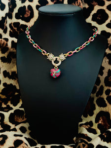 Repurposed Louis Vuitton Puffy Heart Charm Leopard Crystal Pavè Necklace