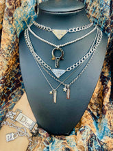 Load image into Gallery viewer, Repurposed Icy Blue &amp; Silver PRADA Tag Hardware Necklace