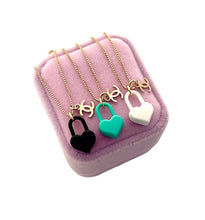 Load image into Gallery viewer, Repurposed Mini Gold Tone CC Charm &amp; Black Heart Lock Necklace