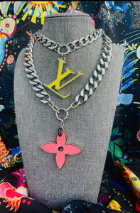 X~Large Repurposed Louis Vuitton Lime Green & Silver Charm Necklace