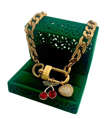 Repurposed Louis Vuitton Keychain Clasp & Cerises Charm Necklace