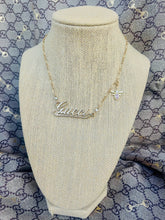 Load image into Gallery viewer, Repurposed Gucci Cursive Charm &amp; Removable Crystal Pavè Bee Necklace