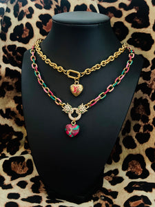 Repurposed Louis Vuitton Puffy Heart Charm Leopard Crystal Pavè Necklace
