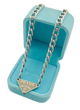 Load image into Gallery viewer, Repurposed Beige &amp; Silver PRADA Tag Hardware Necklace
