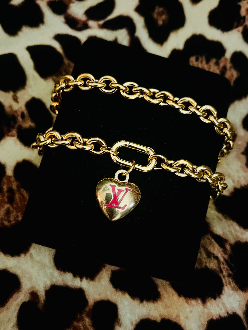 Repurposed Louis Vuitton Small/Medium Gold & Hot Pink Removable/ Reversible Heart Charm Necklace