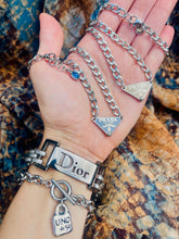 Load image into Gallery viewer, Repurposed Icy Blue &amp; Silver PRADA Tag Hardware Necklace