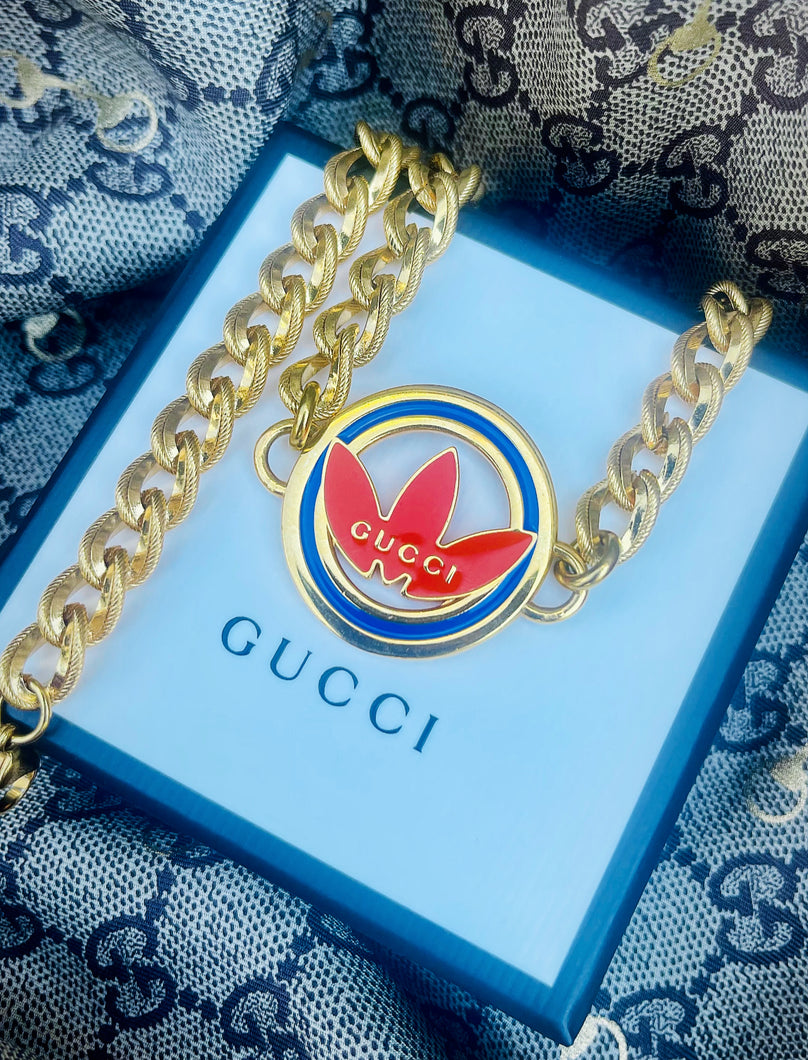 *Rare* Repurposed Gucci X Adidas Blue & Orange Enameled Necklace