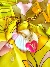 Load image into Gallery viewer, Repurposed Large Louis Vuitton Hot Pink &amp; Gold Reversible Puffy Heart Charm Lollipop Necklace