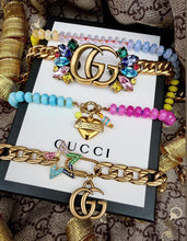 Load image into Gallery viewer, Repurposed Gucci Tag Multicolored Heart Crystal Carabiner Necklace/Gold Tone Chain Included