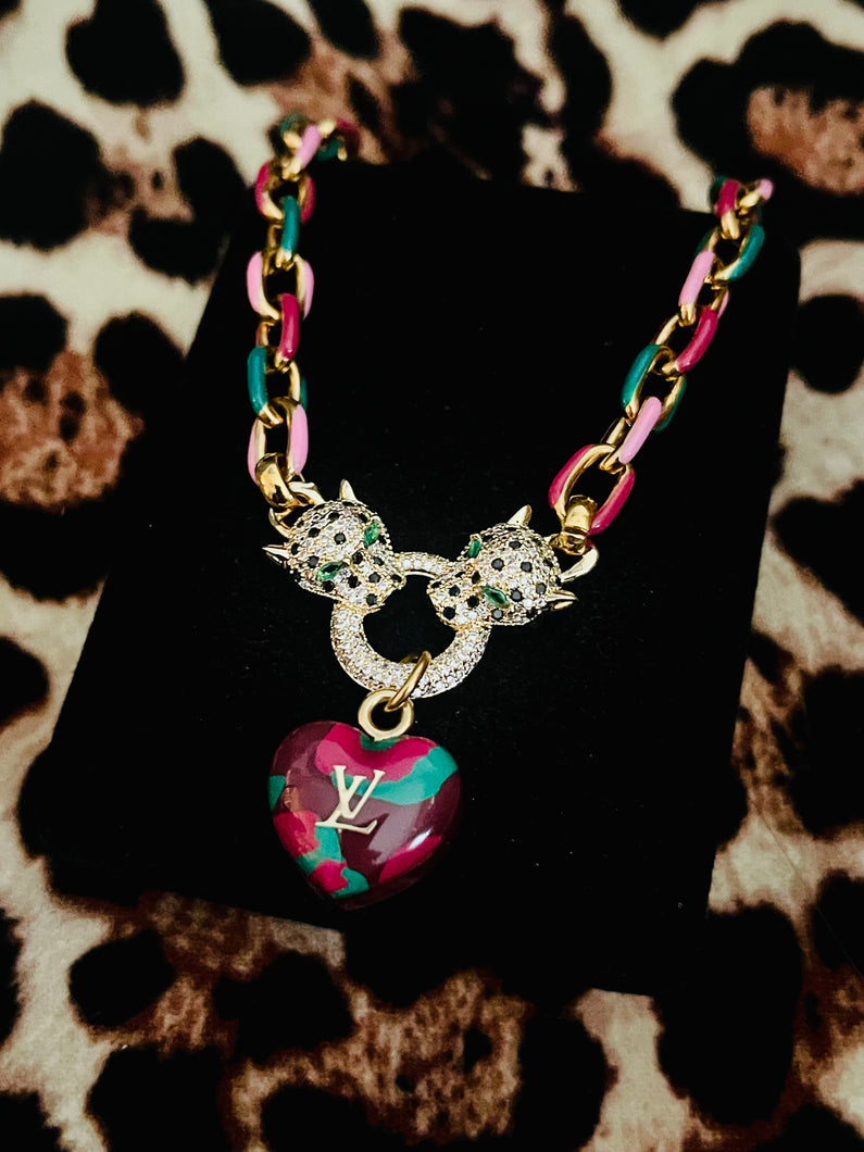 Repurposed Louis Vuitton Puffy Heart Charm Leopard Crystal Pavè Necklace