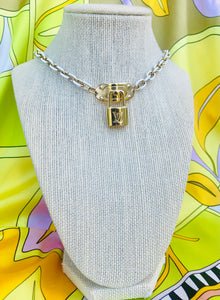 Repurposed Louis Vuitton Padlock White & Gold Tone Necklace