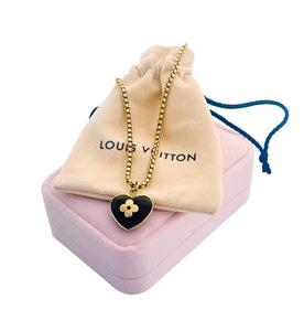 Medium Repurposed Gold & Black Enameled Louis Vuitton Signature Flower Heart Charm Necklace