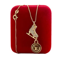 Load image into Gallery viewer, Repurposed Louis Vuitton Coin &amp; Crystal Ice Skate Charm Necklace