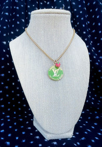 Large Repurposed Louis Vuitton Trunks & Bags Green~Gold Reversible Strawberry Shortcake Necklace