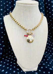 Repurposed Large Louis Vuitton Disc & Cherry/Snowflake Charm Necklace