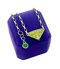 Load image into Gallery viewer, Repurposed Lime Green &amp; Silver PRADA Tag Hardware Necklace