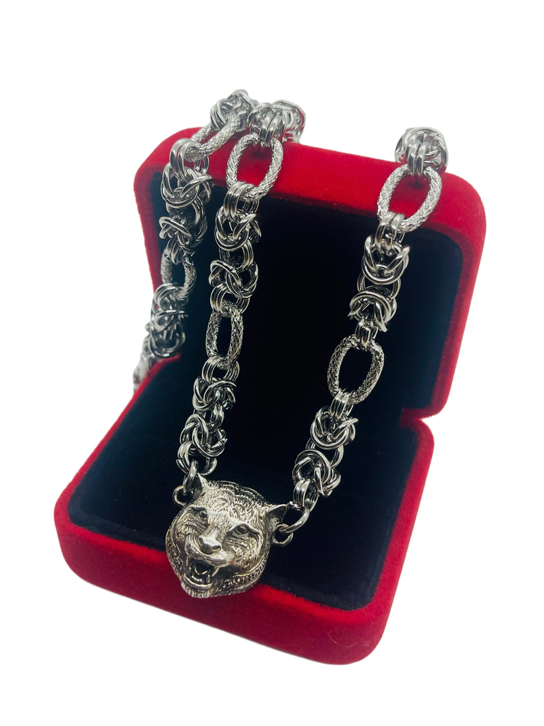 Repurposed *Rare* 3D Gucci Tiger Head Carved Sterling Silver Necklace