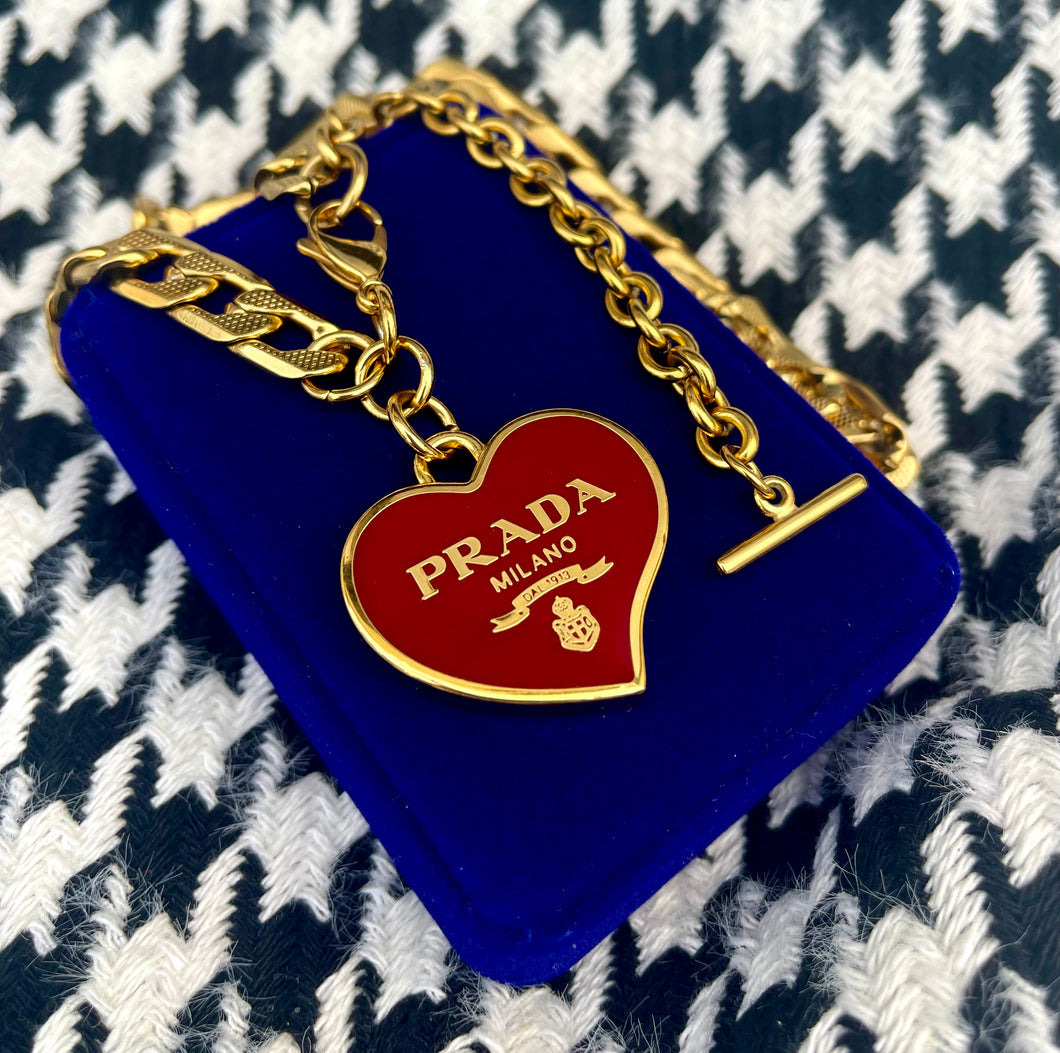 X~Large Repurposed  Burgundy & Gold Prada Heart Charm Necklace