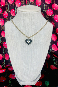 Medium Repurposed Gold & Black Enameled Louis Vuitton Signature Flower Heart Charm Necklace