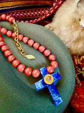 Load image into Gallery viewer, Repurposed Versace Medusa Coin Hand~Beaded 8mm Red Jasper &amp; Lapis Necklace