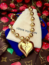 Load image into Gallery viewer, X~Large Repurposed Louis Vuitton Signature Flower Charm &amp; Puffy Heart Statement Necklace