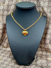 Load image into Gallery viewer, Repurposed Gucci Tag Multicolored Heart Crystal Carabiner Necklace/Gold Tone Chain Included
