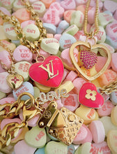 Load image into Gallery viewer, Large Repurposed Louis Vuitton Pink &amp; Gold Reversible Heart Charm Necklace