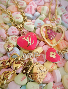 Large Repurposed Louis Vuitton Pink & Gold Reversible Heart Charm Necklace