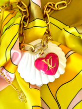 Load image into Gallery viewer, Repurposed Large Louis Vuitton Hot Pink &amp; Gold Reversible Puffy Heart Charm Lollipop Necklace