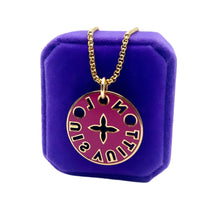 Load image into Gallery viewer, Repurposed Large  Louis Vuitton Lime Green &amp; Magenta Logo Cut~Out Necklace