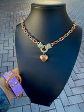 Load image into Gallery viewer, Repurposed Hot Pink &amp; Gold Louis Vuitton Puffy Heart Crystal Leopard Pavè Necklace