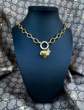 Load image into Gallery viewer, Repurposed Gucci Tag Vintage Heart Crystal Carabiner Necklace