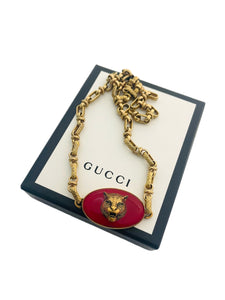 *Very Rare* Repurposed Gucci Tiger Charm Red & Gold Tone Vintage Necklace