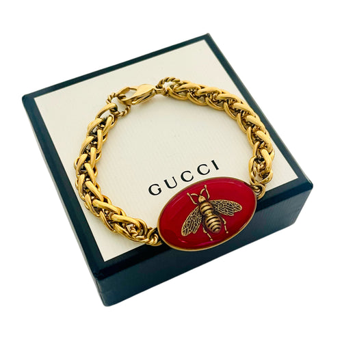 *Very Rare* Repurposed Gucci Bee Charm Red & Gold Tone Vintage Bracelet