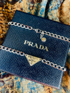 Repurposed Mocha Mousse & Silver PRADA Tag Hardware Necklace
