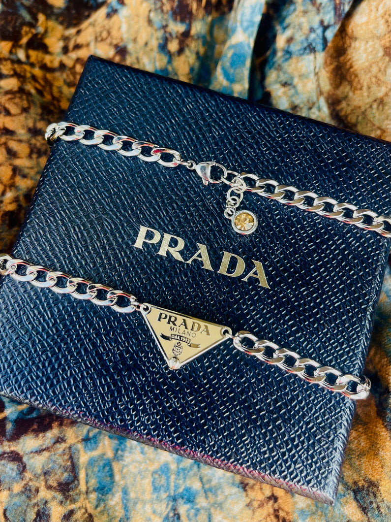 Repurposed Mocha Mousse & Silver PRADA Tag Hardware Necklace