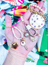 Load image into Gallery viewer, Repurposed Gucci Key Charm &amp; Crystal Bee Mother of Pearl Necklace