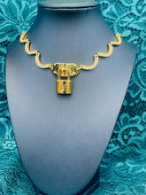 Load image into Gallery viewer, Repurposed Louis Vuitton Padlock White &amp; Vintage Crystal Pavè Scallop Necklace