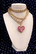 Load image into Gallery viewer, X~Large Repurposed  Burgundy &amp; Gold Prada Heart Charm Necklace