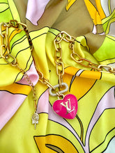 Load image into Gallery viewer, Repurposed Large Louis Vuitton Hot Pink &amp; Gold Reversible Puffy Heart Charm Lollipop Necklace