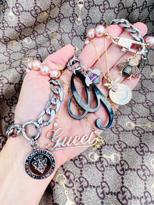 Repurposed Black Resin Gucci Cursive G Charm & Removable Crystal Pavè Bee Necklace