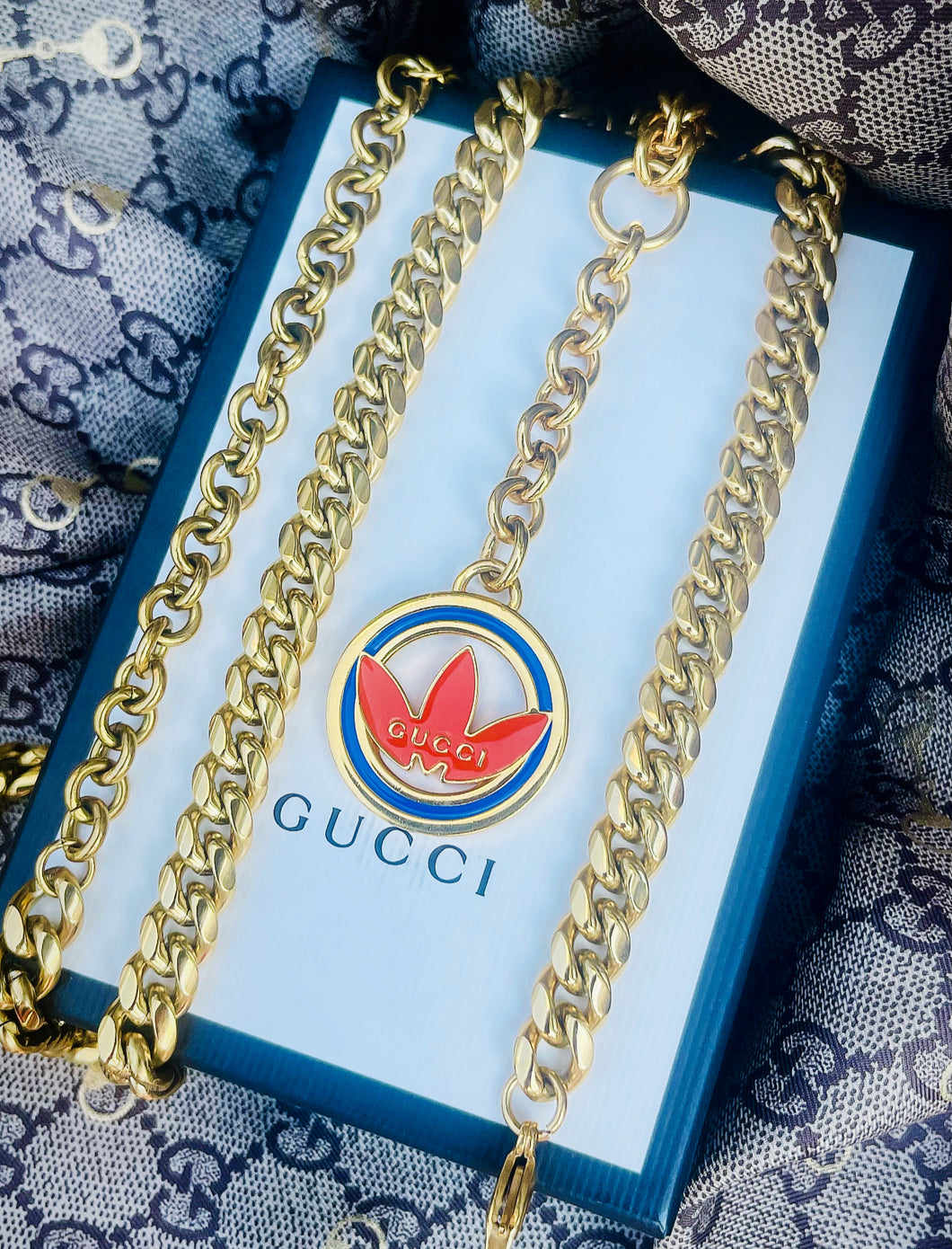 *Rare* Repurposed Gucci X Adidas Collab Blue & Orange Enameled 3~in~1 Convertible Chain Belt/Necklace