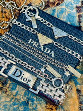 Load image into Gallery viewer, Repurposed Icy Blue &amp; Silver PRADA Tag Hardware Necklace