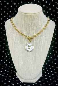 Repurposed Large Louis Vuitton Trunks & Bags White~Gold Reversible Toggle Necklace