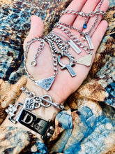 Load image into Gallery viewer, Repurposed Icy Blue &amp; Silver PRADA Tag Hardware Necklace