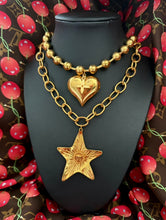 Load image into Gallery viewer, X~Large Repurposed Louis Vuitton Signature Flower Charm &amp; Puffy Heart Statement Necklace